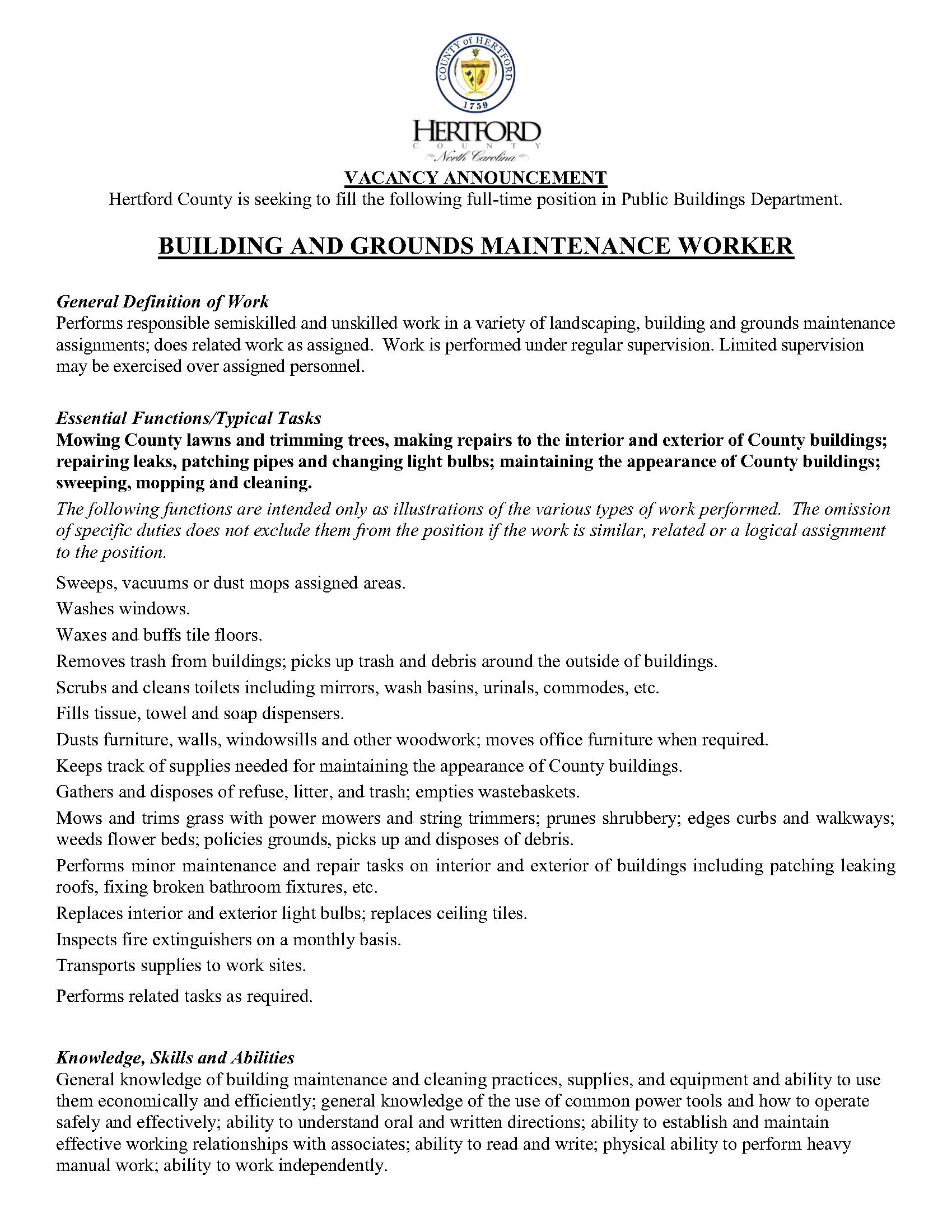 Vacancy Announcement Building and Grounds Maintence Worker_1